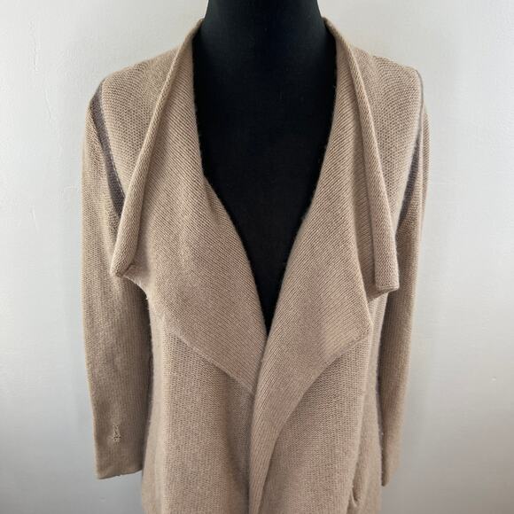 360 Cashmere Tan/Brown Color-Block Draped Relaxed Cardigan Sweater Pockets S - Picture 4 of 8
